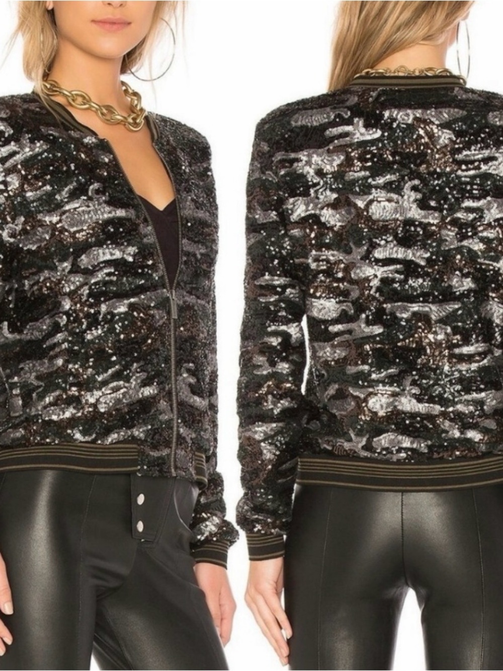 Sanctuary Sequin Camo Bomber Jacket - Black & Silver